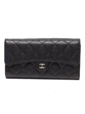 Chanel Wallet Silver Caviar Leather Quilted Classic Long Flap